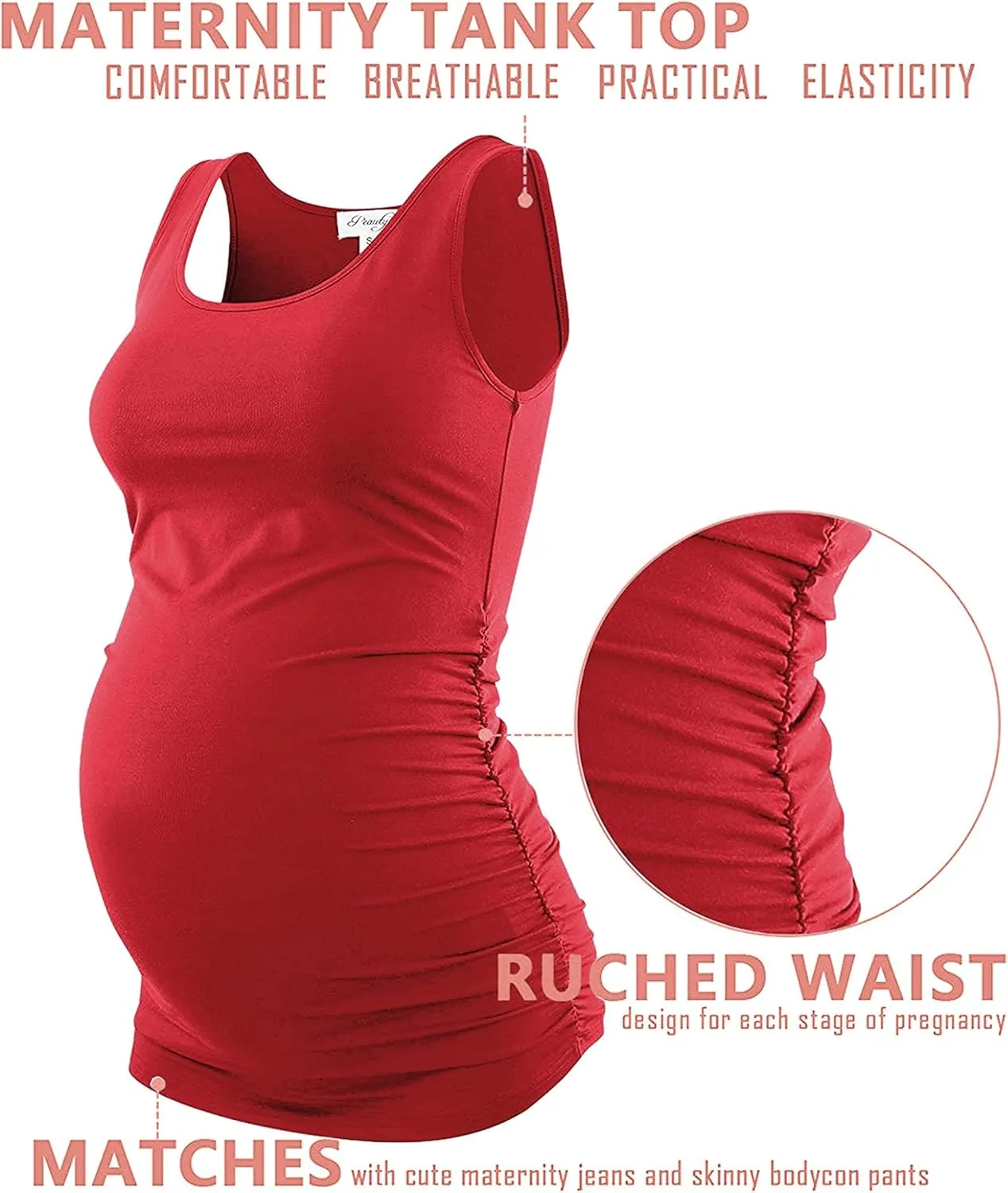 Peauty "Long Enough to Cover Hip Maternity Side Ruch Tank Tops/Basic Maternity Tops for Summer Casual Wear (S-3XL)