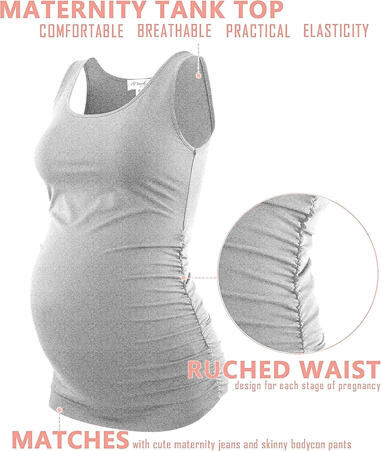Peauty "Long Enough to Cover Hip Maternity Side Ruch Tank Tops/Basic Maternity Tops for Summer Casual Wear (S-3XL)