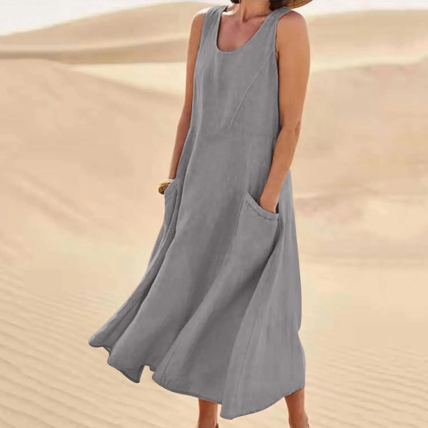 Plus Size Summer Dresses for Women Casual Sleeveless Linen Tank Dress 2025 Solid Beach Sun Dresses with Pockets