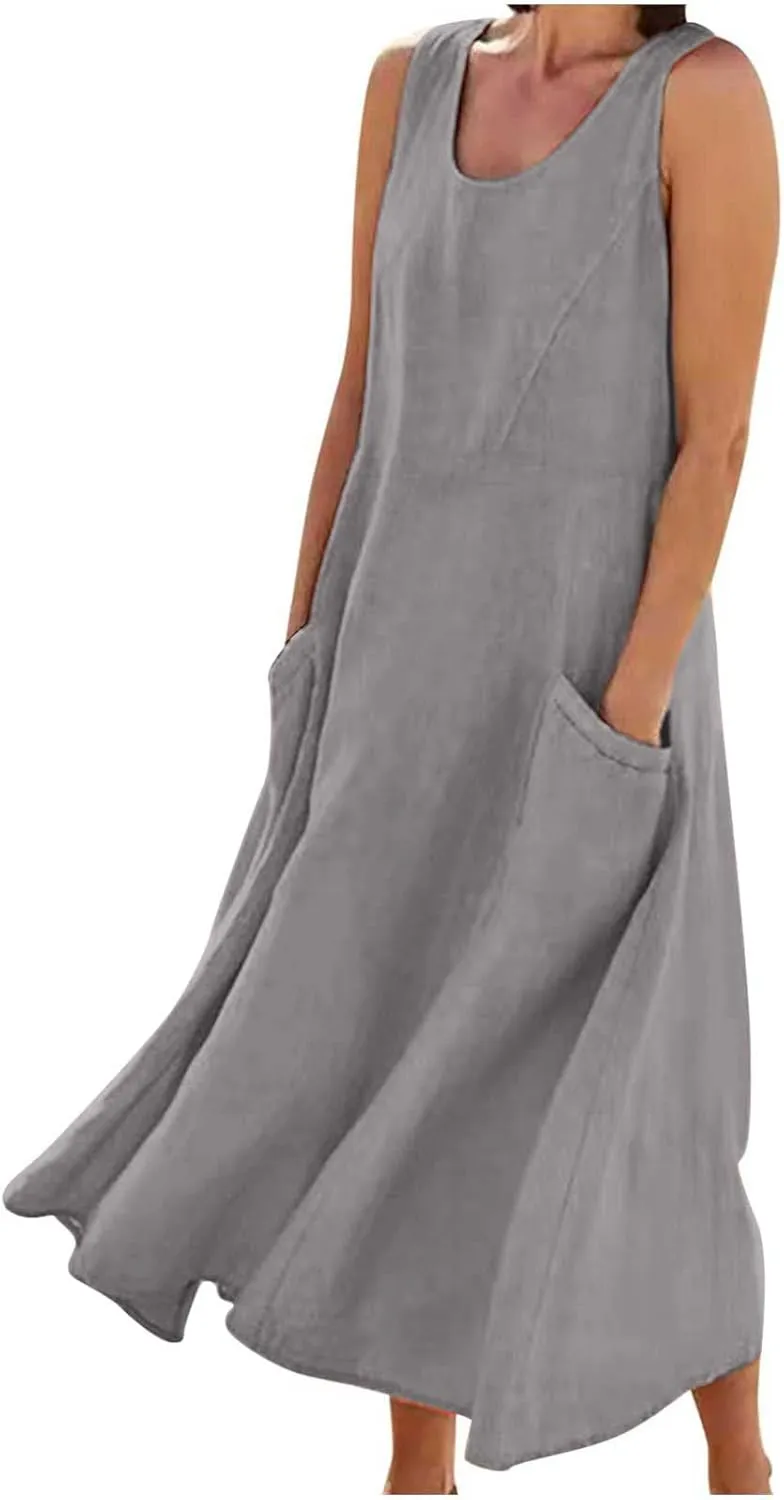 Plus Size Summer Dresses for Women Casual Sleeveless Linen Tank Dress 2025 Solid Beach Sun Dresses with Pockets