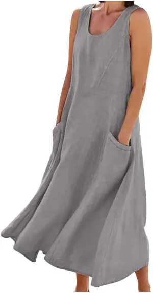 Plus Size Summer Dresses for Women Casual Sleeveless Linen Tank Dress 2025 Solid Beach Sun Dresses with Pockets