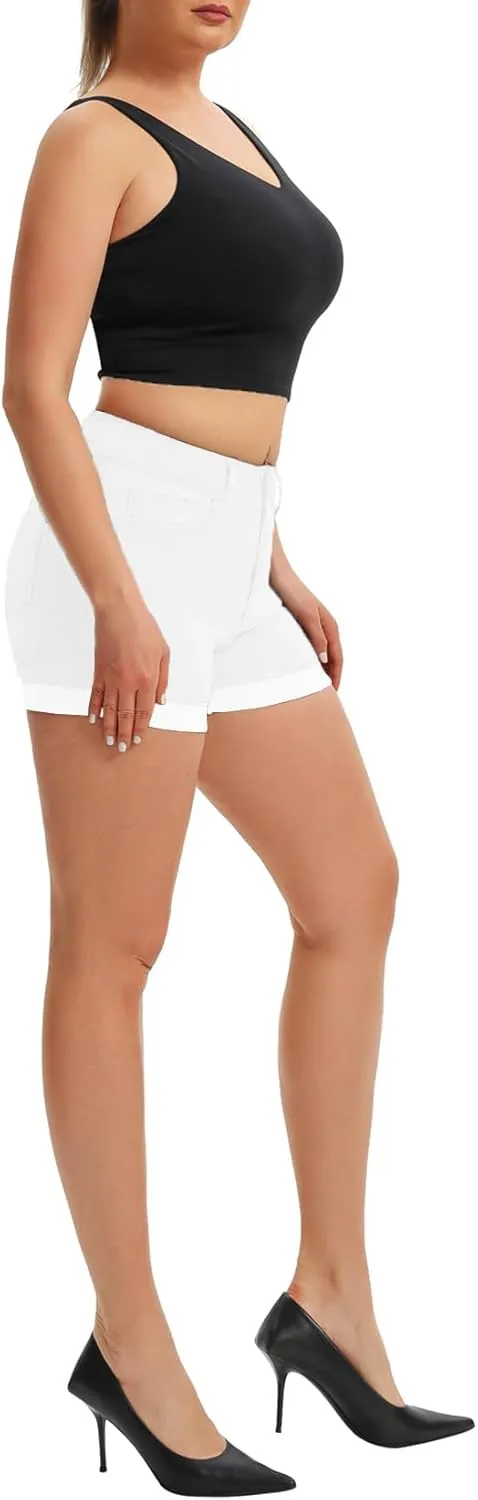 Pnadty Women's Summer High Waisted Stretch Denim Shorts Casual Folded Hem Jean Shorts