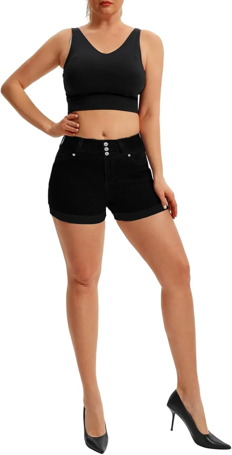 Pnadty Women's Summer High Waisted Stretch Denim Shorts Casual Folded Hem Jean Shorts