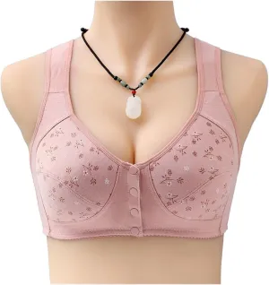 Printed Cotton Front Closure Bra for Middle-Aged and Elderly Women Plus Size Wirefree Sleep Nursing Sports Bras Tank Tops (Color : Bean Paste, Size : 38/85 (BC))