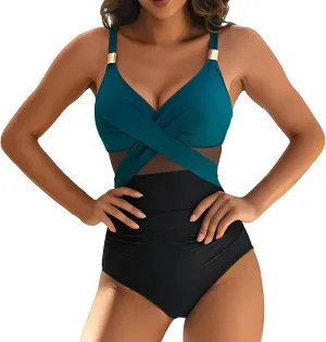 PTOLOCIF Monokini Swimsuits for Women Ruched Slimming Bathing Suit Deep V Neck Swimsuit Modest Full Coverage Swimwear