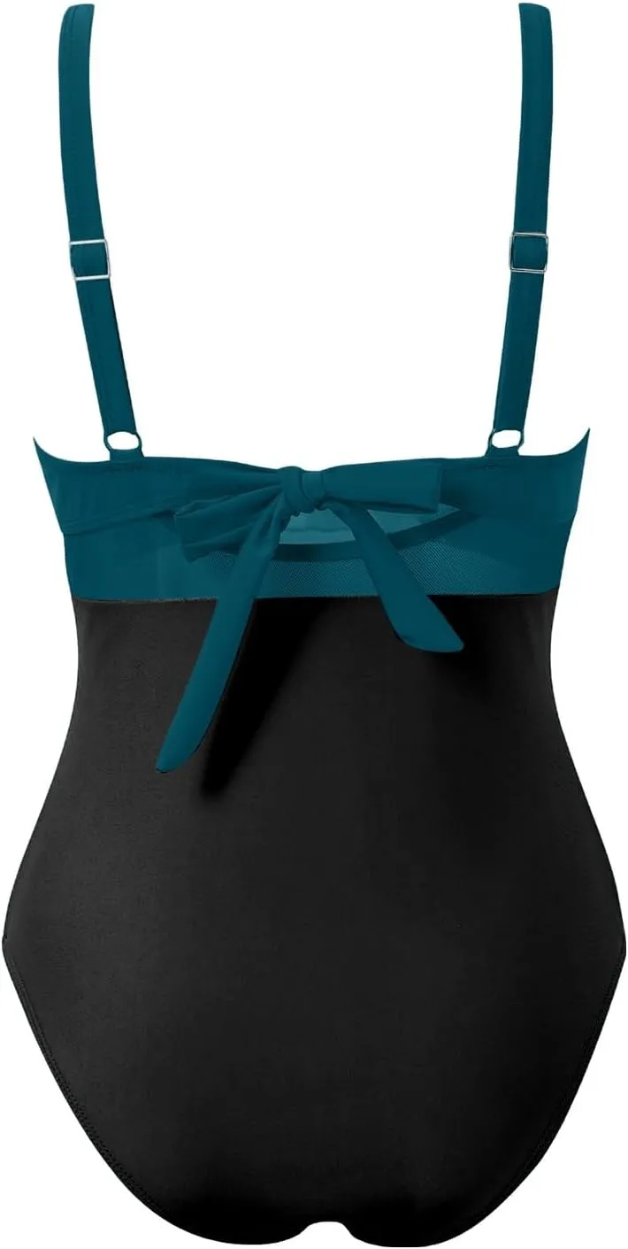 PTOLOCIF Monokini Swimsuits for Women Ruched Slimming Bathing Suit Deep V Neck Swimsuit Modest Full Coverage Swimwear