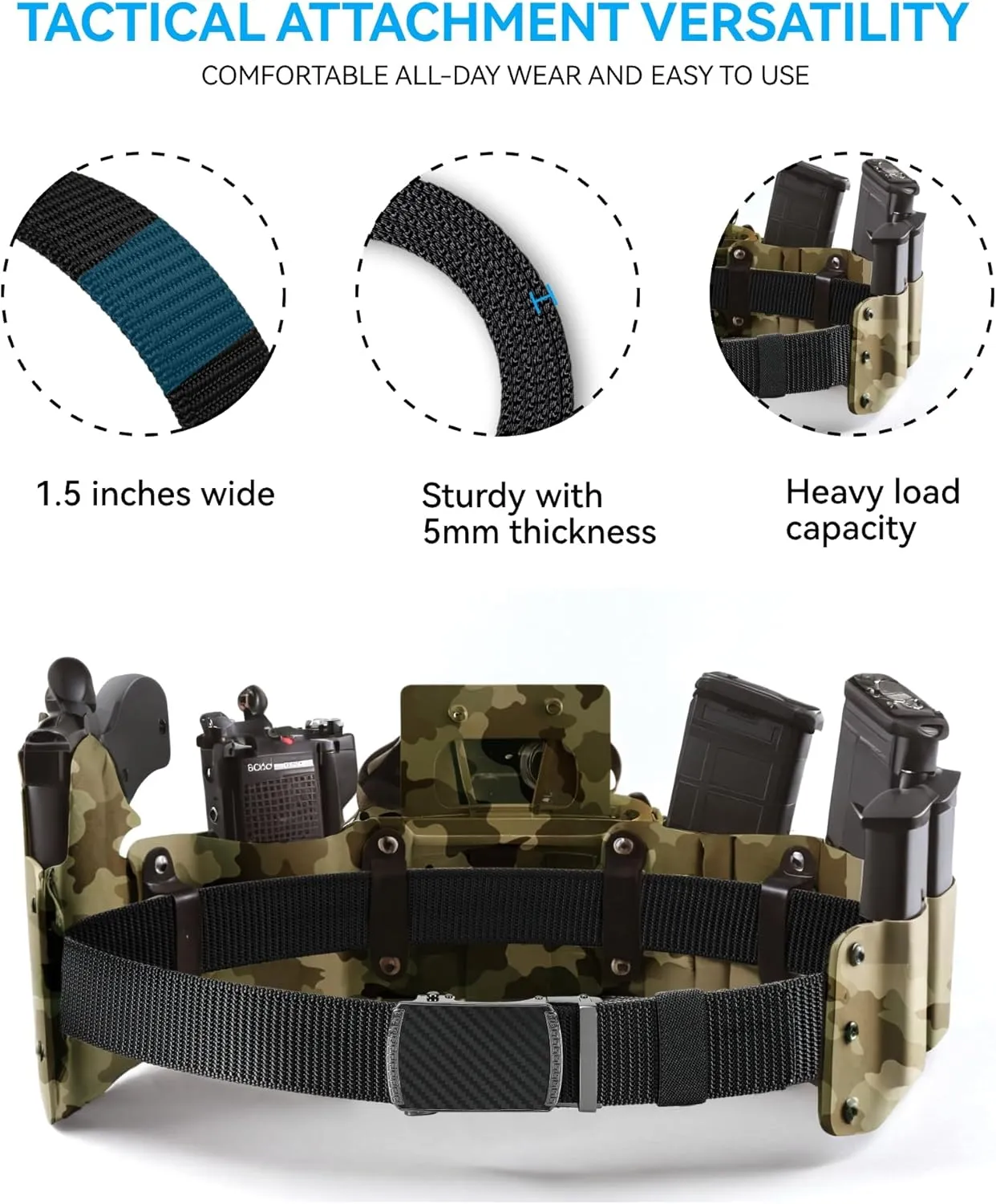 Ratchet Tactical Gun Belt for Men - 1.5" Stiff Nylon Web Work Belts Heavy Duty - Slide Buckle Fit Pants