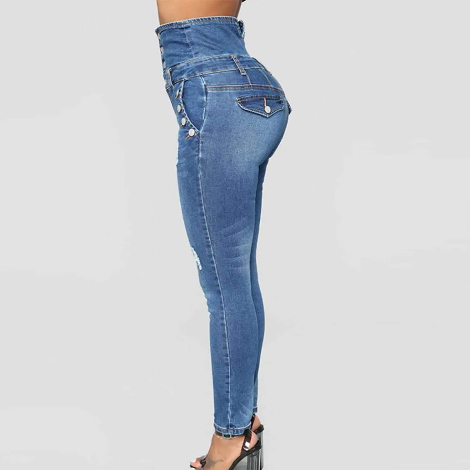 Ripped Jeans for Women High Waist Skinny Stretch Jeans Trendy Slim Fit Tummy Control Denim Pants with Pockets