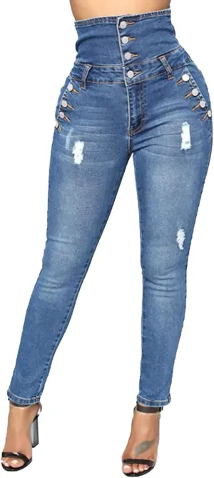 Ripped Jeans for Women High Waist Skinny Stretch Jeans Trendy Slim Fit Tummy Control Denim Pants with Pockets