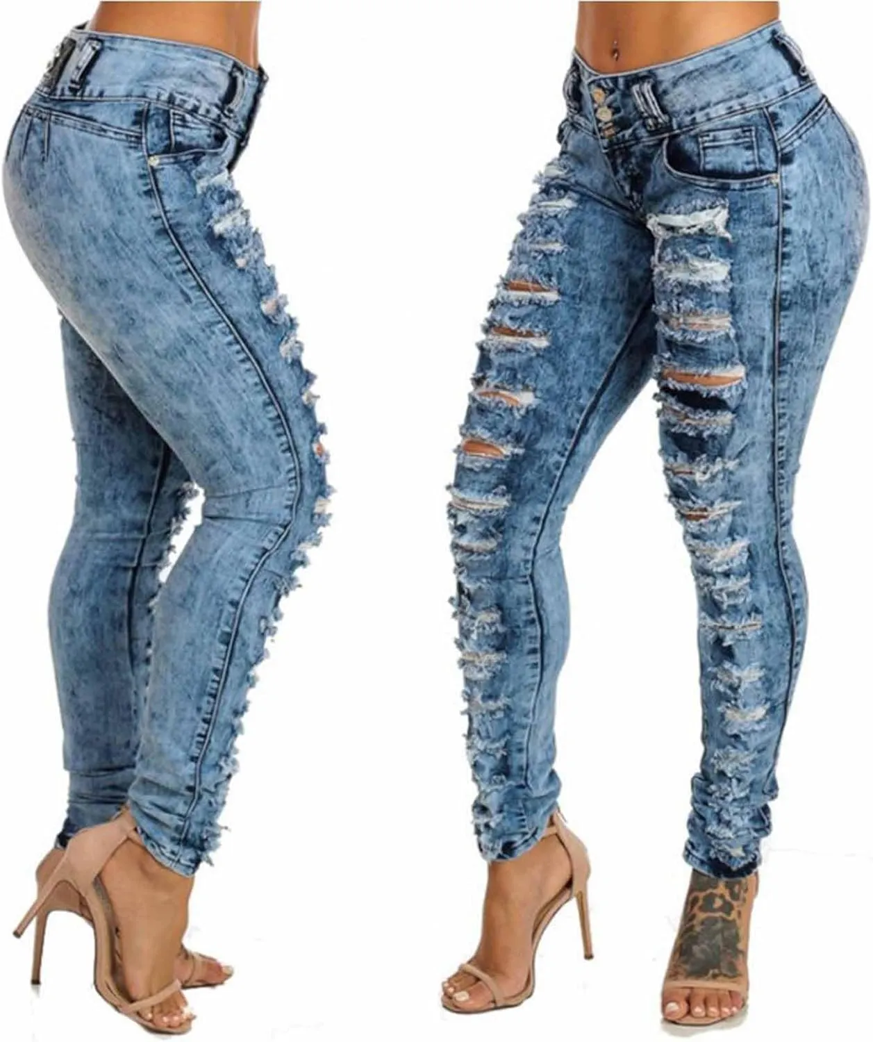 Ripped Jeans for Women High Waist Skinny Stretch Jeans Trendy Slim Fit Tummy Control Denim Pants with Pockets