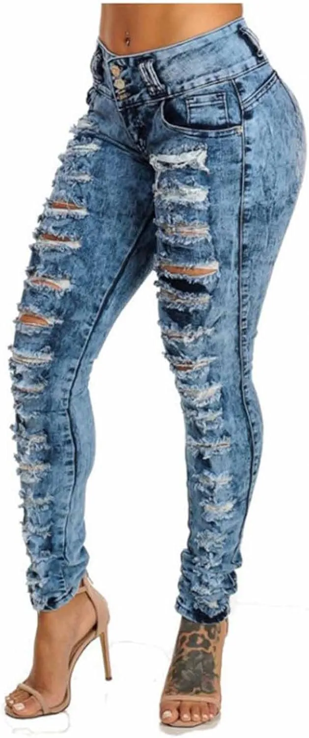 Ripped Jeans for Women High Waist Skinny Stretch Jeans Trendy Slim Fit Tummy Control Denim Pants with Pockets