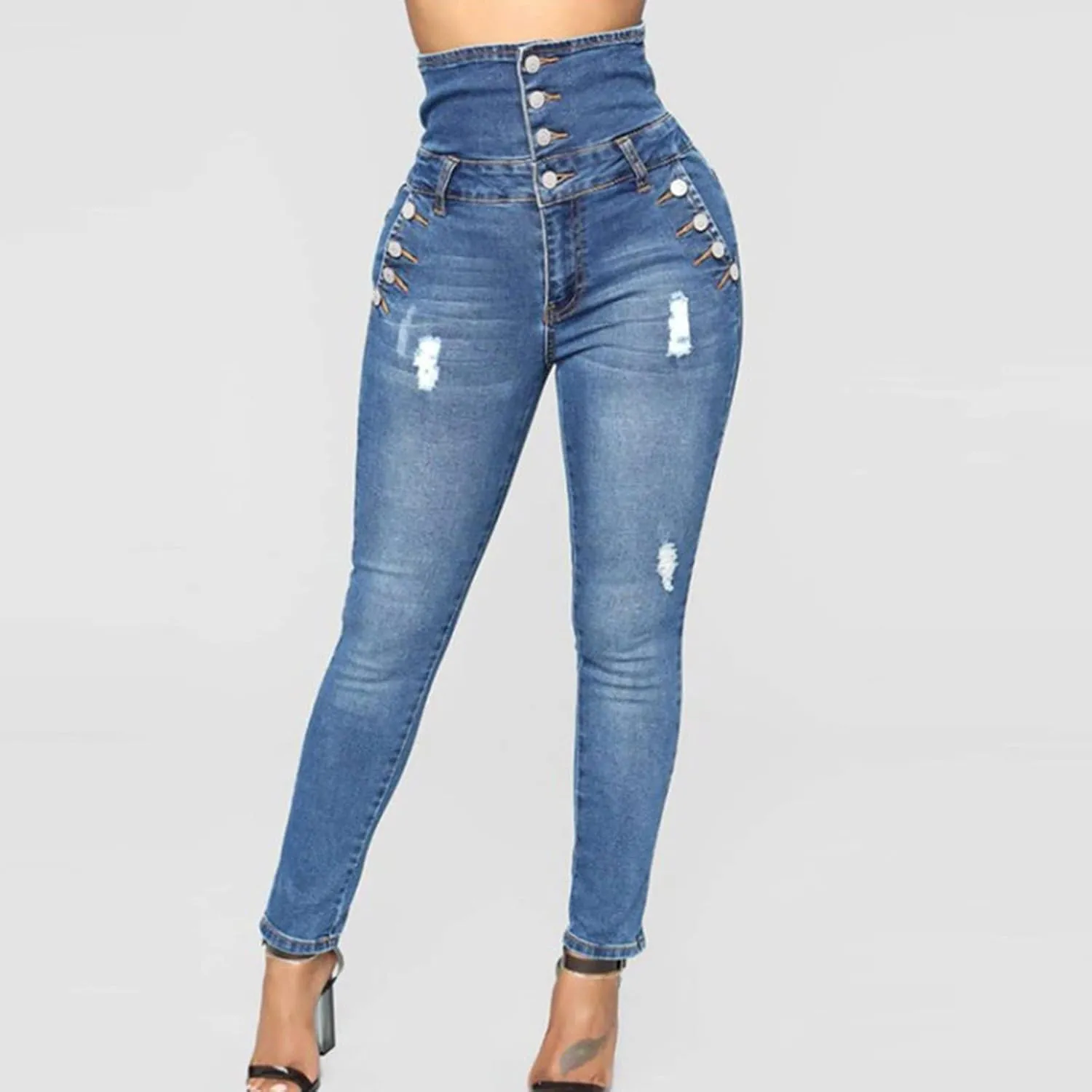 Ripped Jeans for Women High Waist Skinny Stretch Jeans Trendy Slim Fit Tummy Control Denim Pants with Pockets