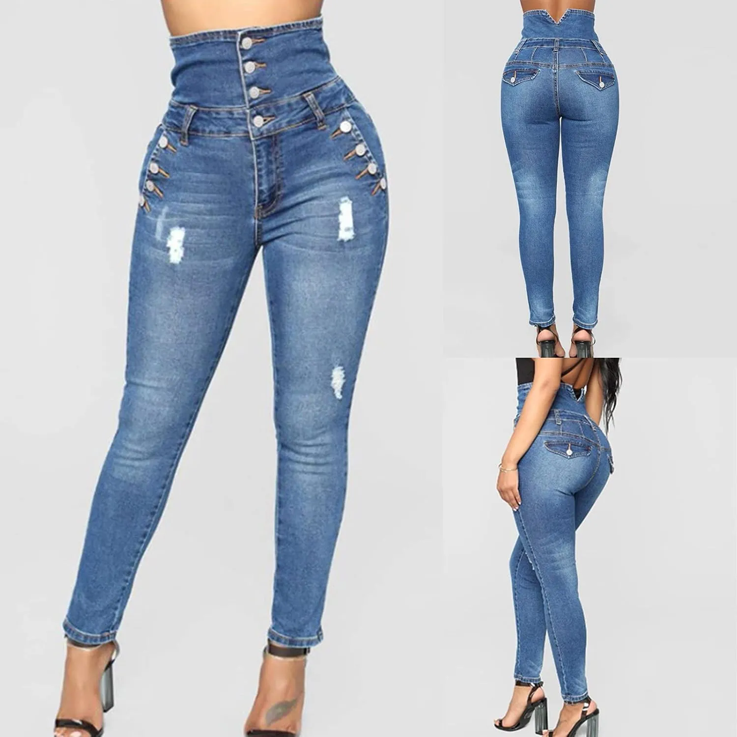 Ripped Jeans for Women High Waist Skinny Stretch Jeans Trendy Slim Fit Tummy Control Denim Pants with Pockets