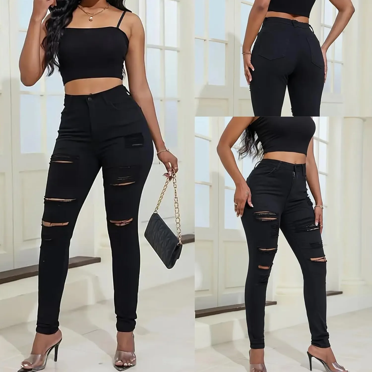 Ripped Skinny Jeans for Women High Waisted Stretch Slim Fit Distressed Butt Lifting Denim Jeans Pants