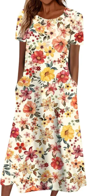 Round Neck Dress Ladies Trendy Short-Sleeve Fashion with Pocket Beach Summer Women's Swing Floral Print 2024 Dresses