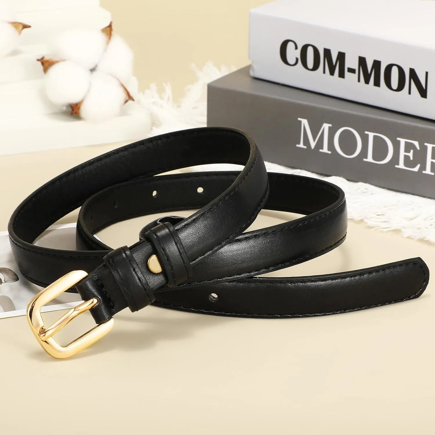 SANSTHS 2 Pack Women Thin Leather Belt for Dresses Fashion Ladies Skinny Waist Belt for Jeans Pants