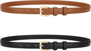 SANSTHS 2 Pack Women Thin Leather Belt for Dresses Fashion Ladies Skinny Waist Belt for Jeans Pants