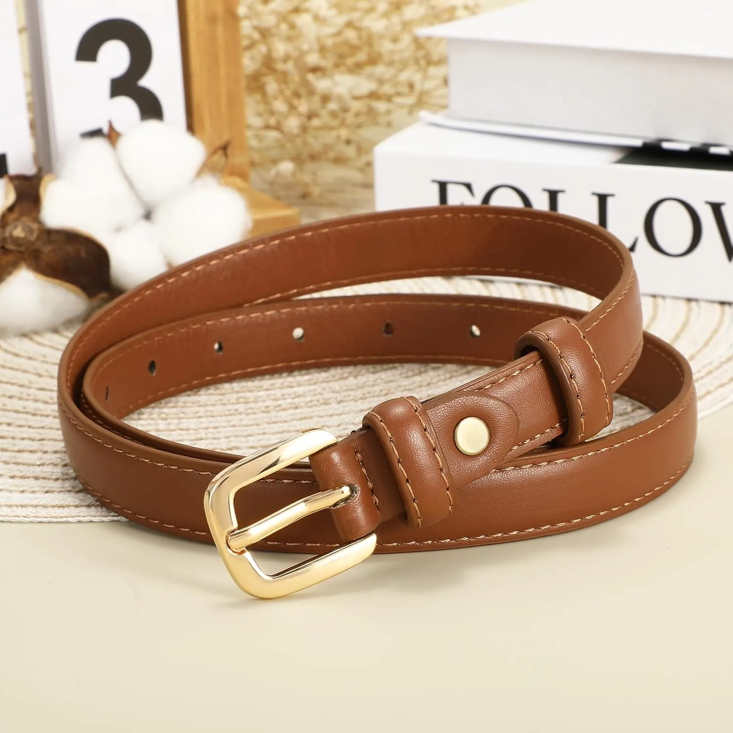 SANSTHS 2 Pack Women Thin Leather Belt for Dresses Fashion Ladies Skinny Waist Belt for Jeans Pants