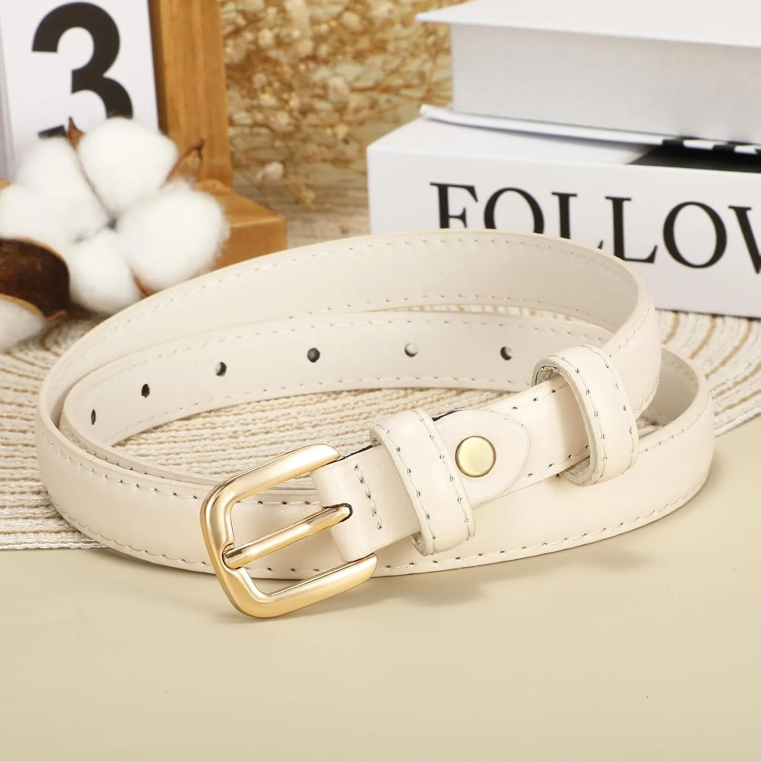 SANSTHS 2 Pack Women Thin Leather Belt for Dresses Fashion Ladies Skinny Waist Belt for Jeans Pants