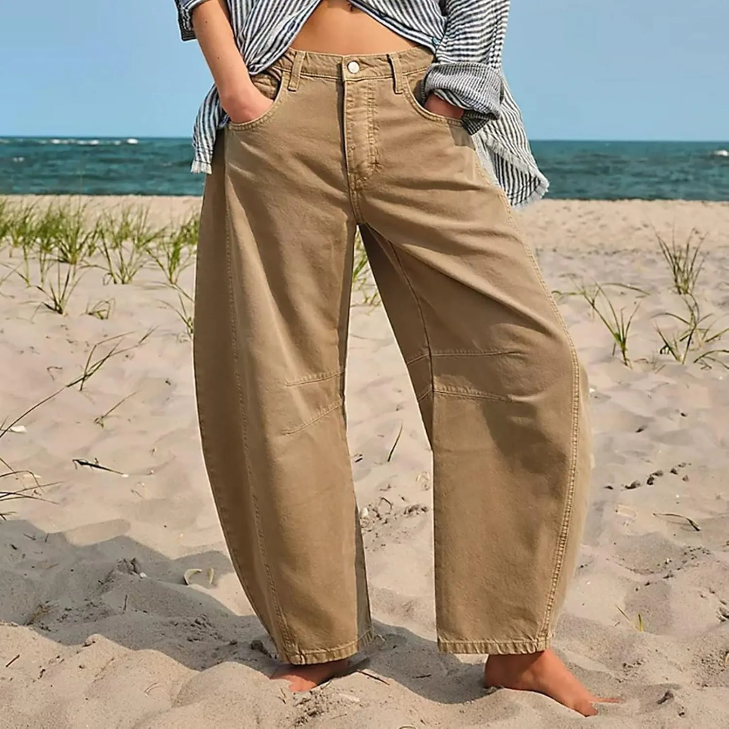 sdbrld Cargo Pants Women Adjustable Waist Long Women High Waisted Cargo Pants Wide Leg Casual Pants Trousers with Pockets