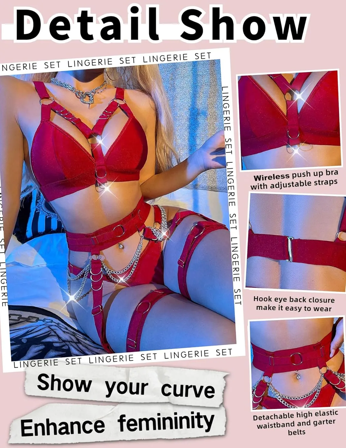 Sexy Lingerie Set For Women With Garter Belt 5 Pieces Strappy Bra and Panty Set Adjustable With Chain