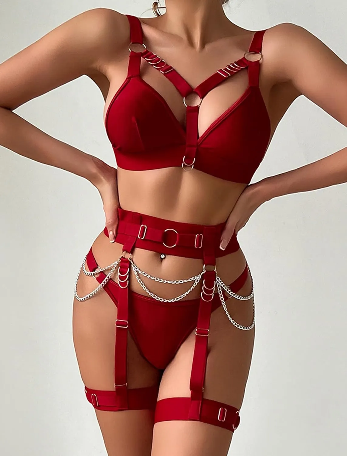 Sexy Lingerie Set For Women With Garter Belt 5 Pieces Strappy Bra and Panty Set Adjustable With Chain