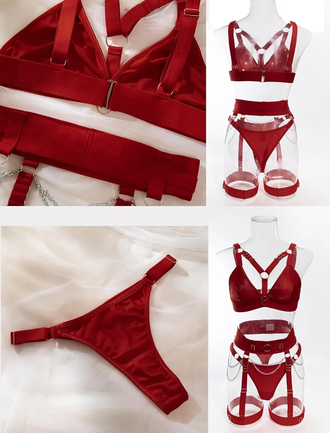 Sexy Lingerie Set For Women With Garter Belt 5 Pieces Strappy Bra and Panty Set Adjustable With Chain