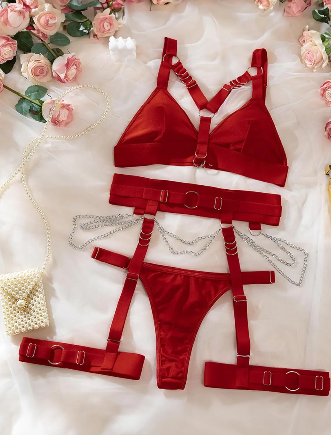 Sexy Lingerie Set For Women With Garter Belt 5 Pieces Strappy Bra and Panty Set Adjustable With Chain