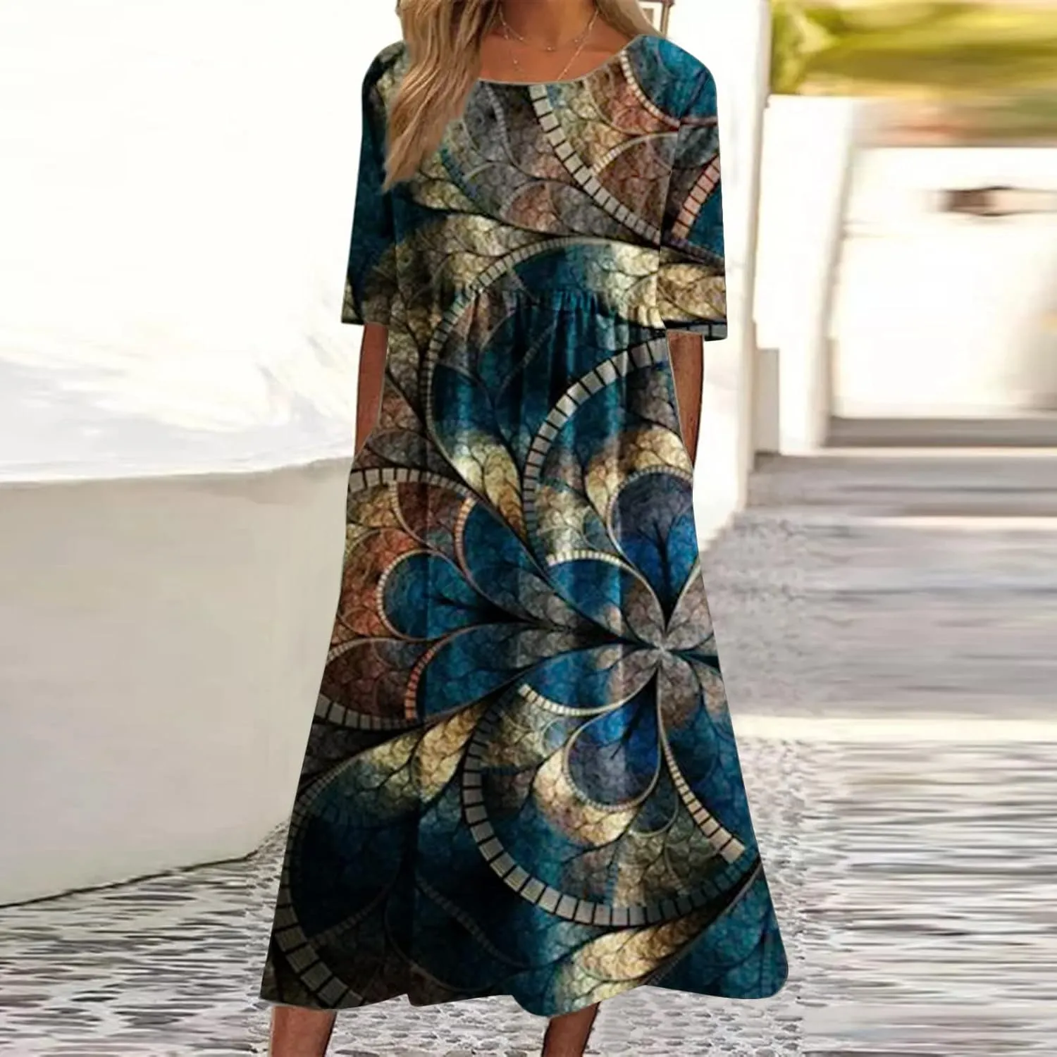 SGASY Muumuu Dresses for Women 2024 Plus Size Crewneck Sundress Beach Casual Short Sleeve Long Tunic Dress with Pockets