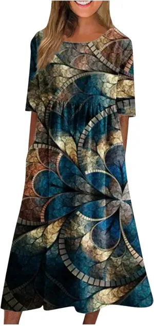 SGASY Muumuu Dresses for Women 2024 Plus Size Crewneck Sundress Beach Casual Short Sleeve Long Tunic Dress with Pockets