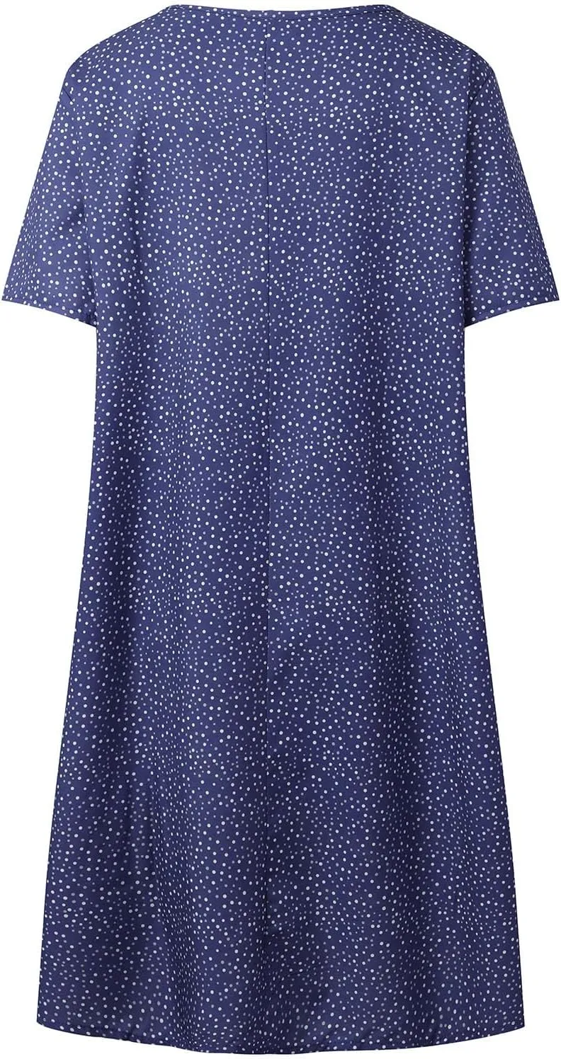 Short Sleeve Boho Mini Dress for Women Casual Loose Fit Summer Sundress Floral Print Shift Dress with Pockets
