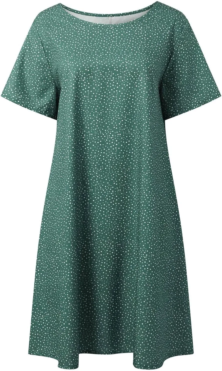 Short Sleeve Boho Mini Dress for Women Casual Loose Fit Summer Sundress Floral Print Shift Dress with Pockets