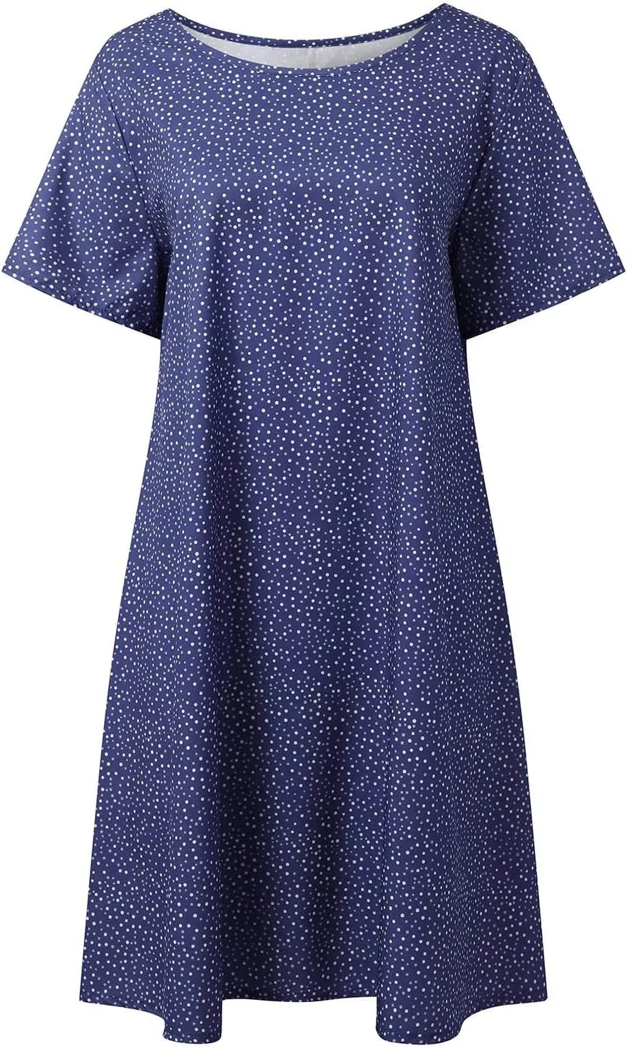 Short Sleeve Boho Mini Dress for Women Casual Loose Fit Summer Sundress Floral Print Shift Dress with Pockets