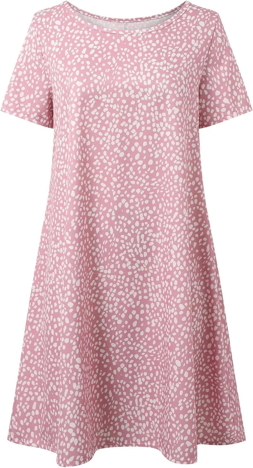 Short Sleeve Boho Mini Dress for Women Plus Size Casual Loose Fit Summer Sundress Floral Print Shift Dress with Pockets