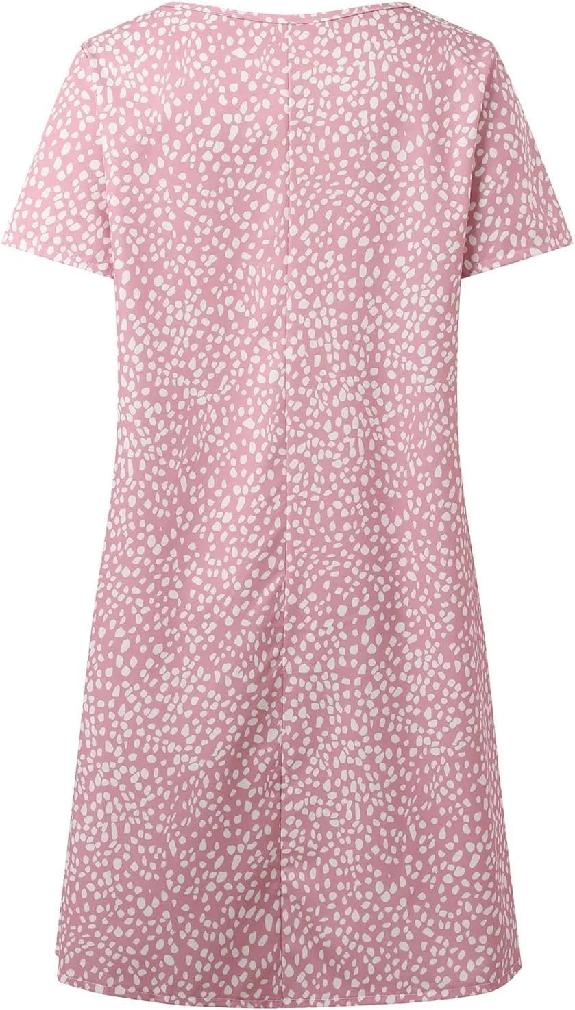 Short Sleeve Boho Mini Dress for Women Plus Size Casual Loose Fit Summer Sundress Floral Print Shift Dress with Pockets