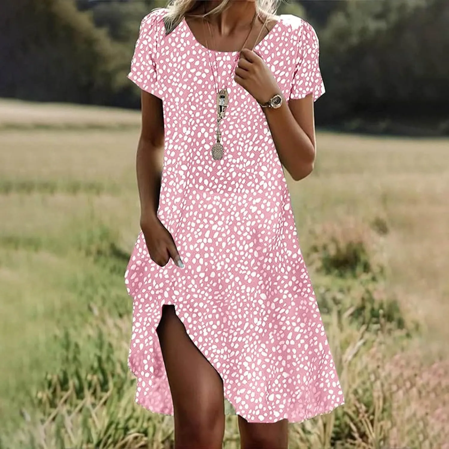 Short Sleeve Boho Mini Dress for Women Plus Size Casual Loose Fit Summer Sundress Floral Print Shift Dress with Pockets