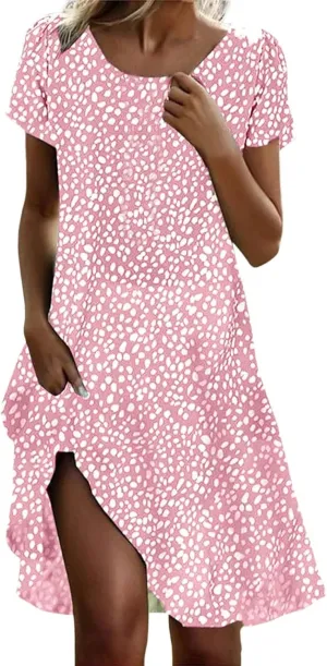Short Sleeve Boho Mini Dress for Women Plus Size Casual Loose Fit Summer Sundress Floral Print Shift Dress with Pockets