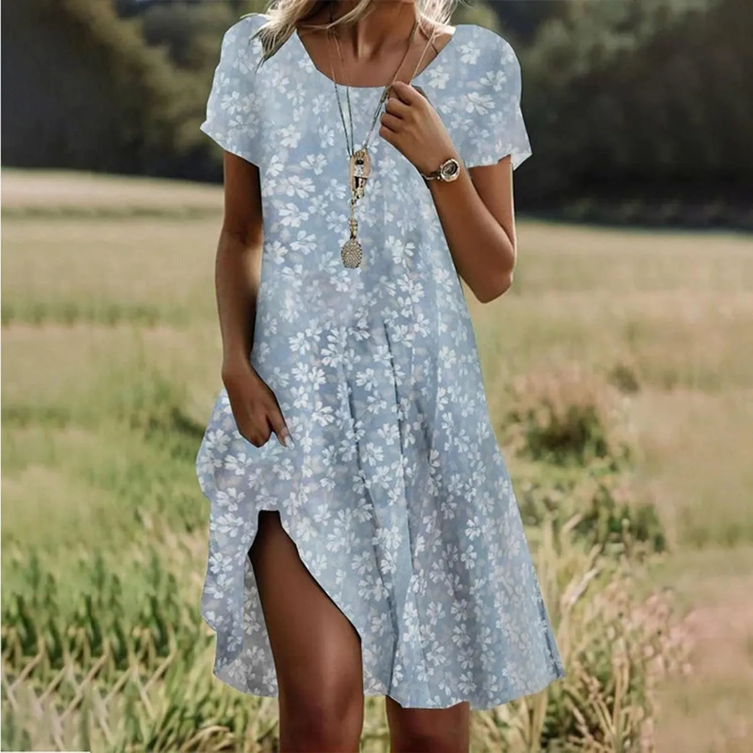 Short Sleeve Mini Dress Boho for Women Plus Size Casual Loose Fit Summer Sundress Floral Print Shift Dress with Pockets