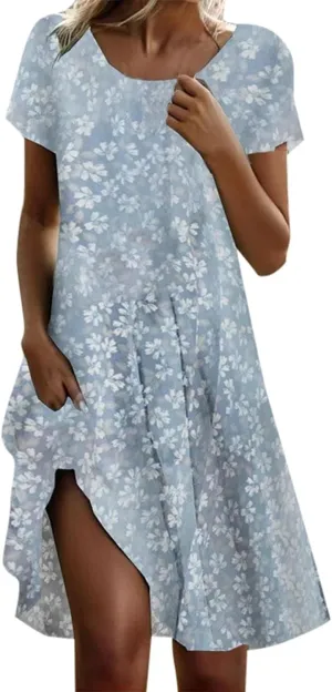 Short Sleeve Mini Dress Boho for Women Plus Size Casual Loose Fit Summer Sundress Floral Print Shift Dress with Pockets