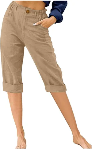 Shorts for Women Cotton Linen Shorts Folded Hem Long Shorts Below The Knee Elastic Waist Shorts Summer Dressy Casual