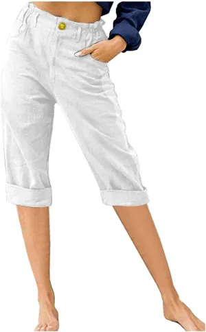 Shorts for Women Cotton Linen Shorts Folded Hem Long Shorts Below The Knee Elastic Waist Shorts Summer Dressy Casual