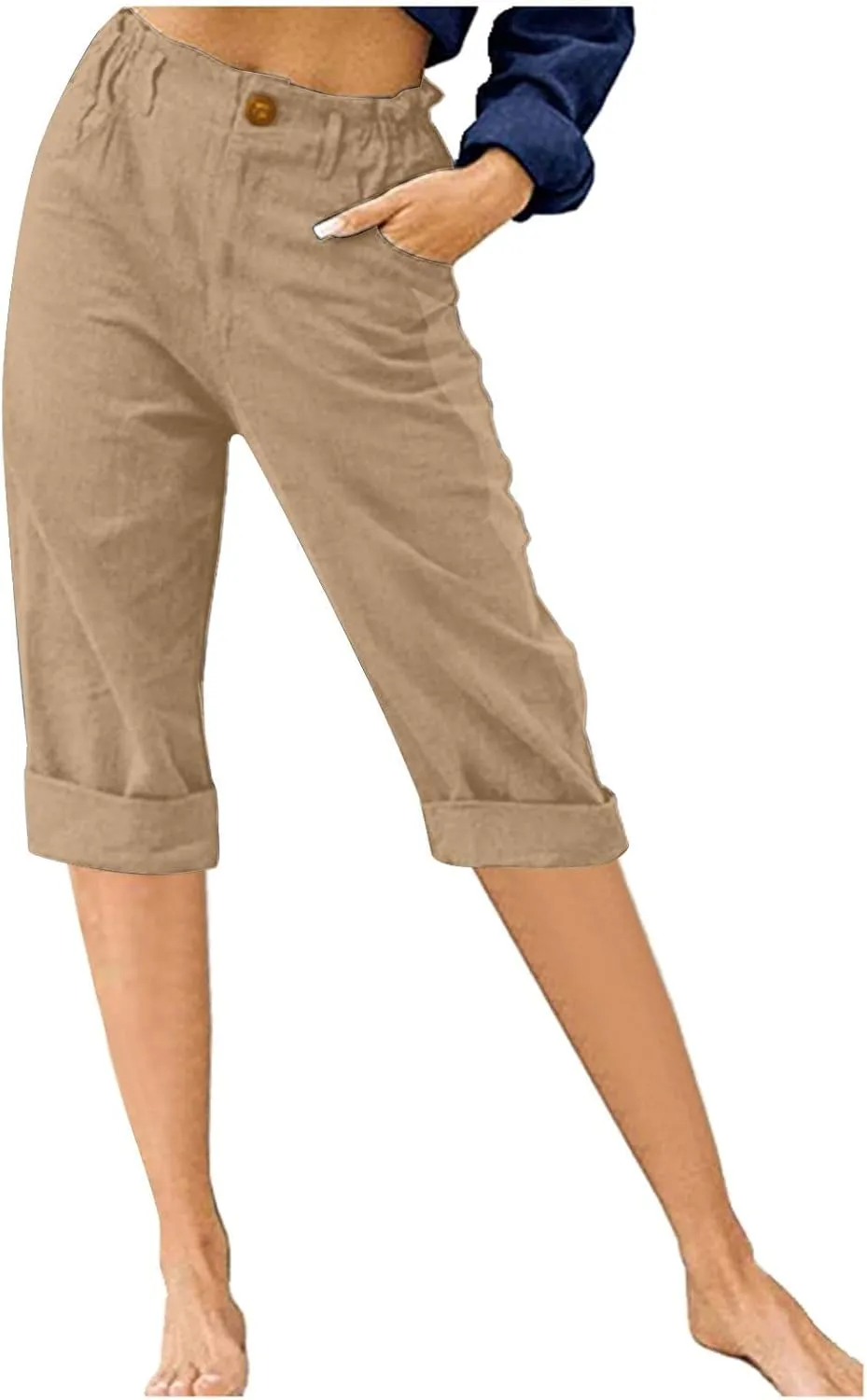 Shorts for Women Cotton Linen Shorts Folded Hem Long Shorts Below The Knee Elastic Waist Shorts Summer Dressy Casual
