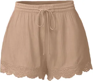 Shorts for Women Trendy Casual Stretch Lace Trim Summer Beach Ruffle Shorts Plus Size Elastic Waist Yoga Lounge Shorts