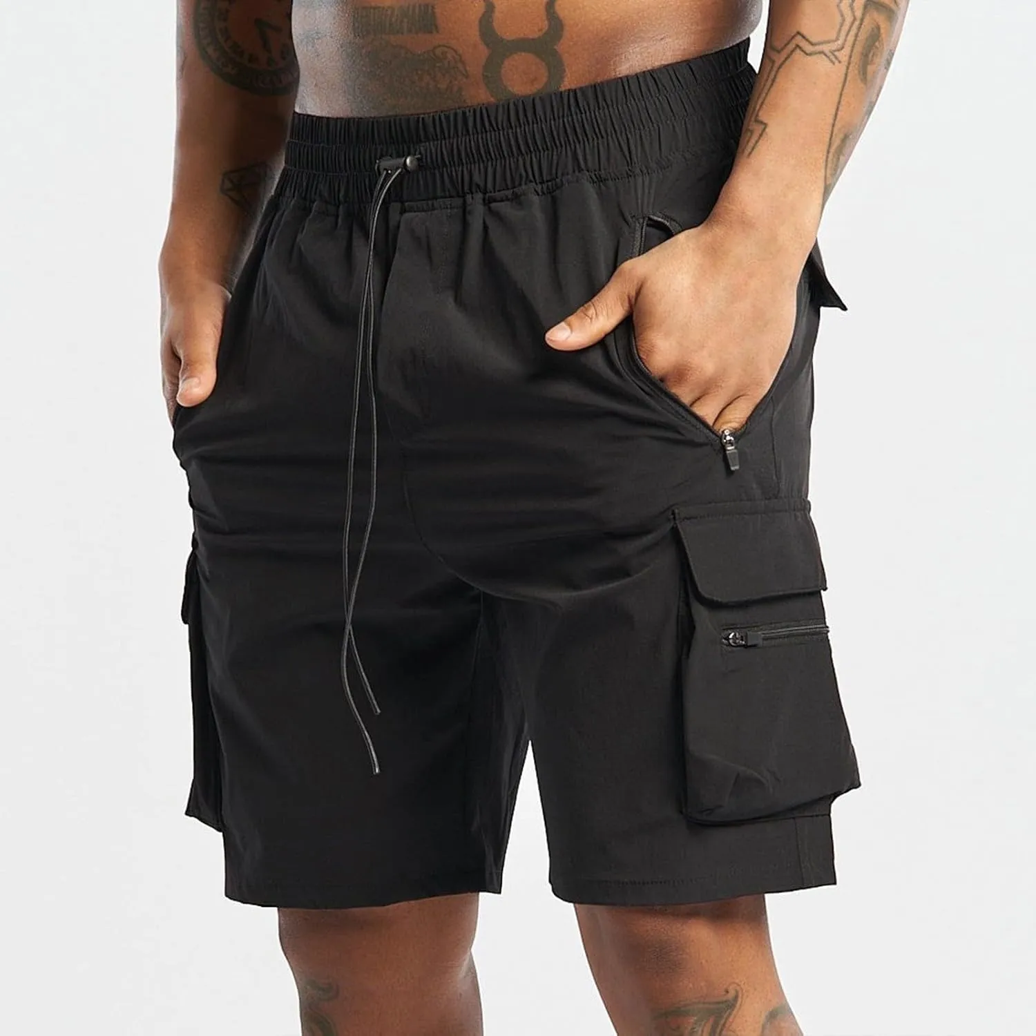 Sinzelimin Men's Sport Shorts Fitness Training Fitness Short Sweatpant Fashion Solid Color Elastic Waist Zip Multiple Pockets