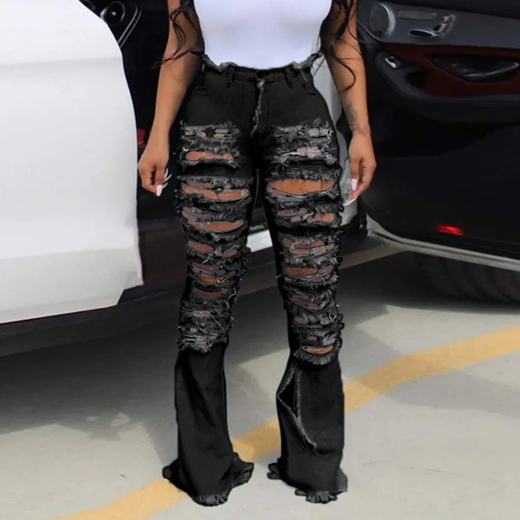 SMIDOW Women's Floor Length Raw Hem Ripped Jeans High Waisted Distressed Jeans Curvy Slim Fit Flare Bell Bottom Jeans