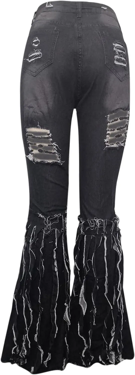 SMIDOW Women's Floor Length Raw Hem Ripped Jeans High Waisted Distressed Jeans Curvy Slim Fit Flare Bell Bottom Jeans