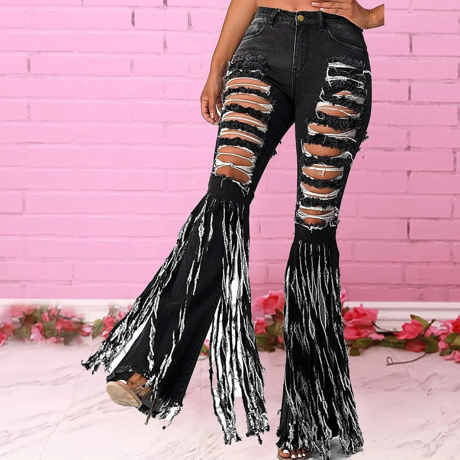 SMIDOW Women's Floor Length Raw Hem Ripped Jeans High Waisted Distressed Jeans Curvy Slim Fit Flare Bell Bottom Jeans