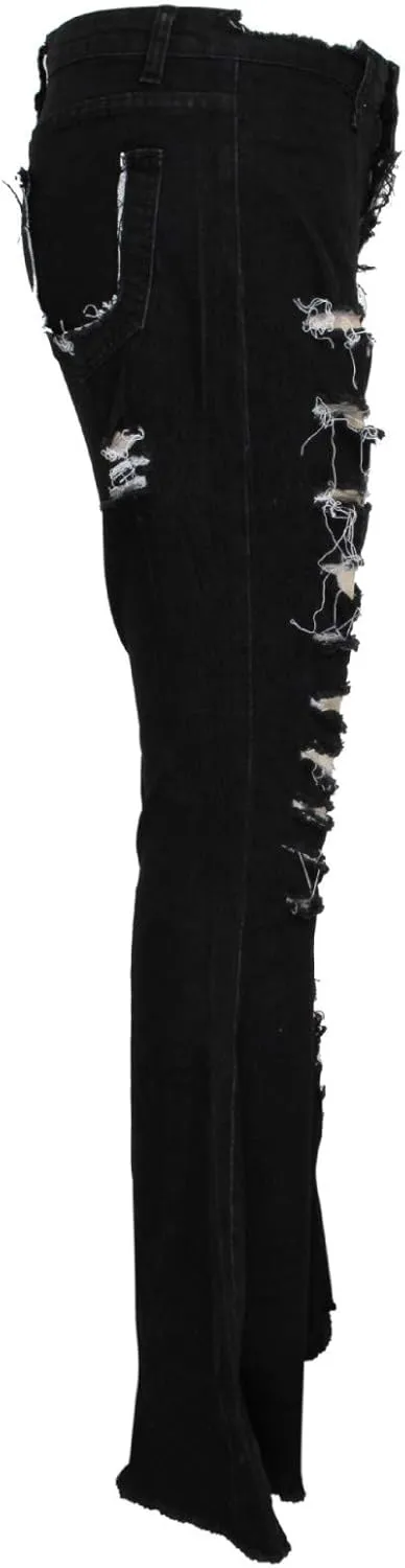 SMIDOW Women's Floor Length Raw Hem Ripped Jeans High Waisted Distressed Jeans Curvy Slim Fit Flare Bell Bottom Jeans