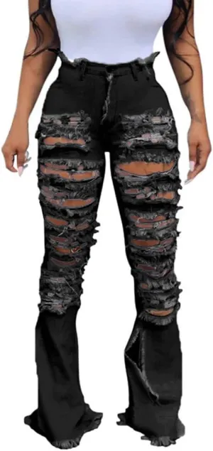 SMIDOW Women's Floor Length Raw Hem Ripped Jeans High Waisted Distressed Jeans Curvy Slim Fit Flare Bell Bottom Jeans