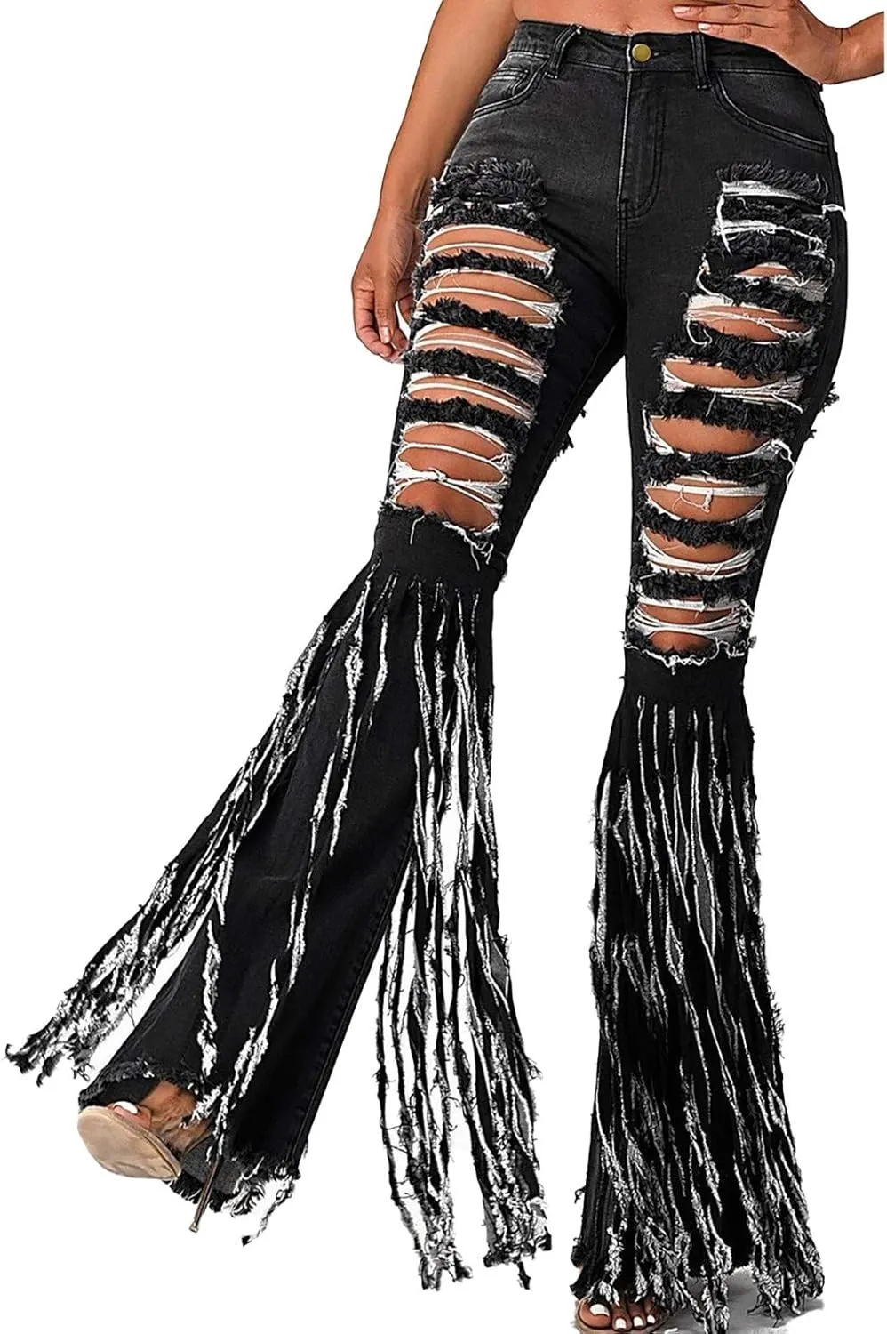 SMIDOW Women's Floor Length Raw Hem Ripped Jeans High Waisted Distressed Jeans Curvy Slim Fit Flare Bell Bottom Jeans
